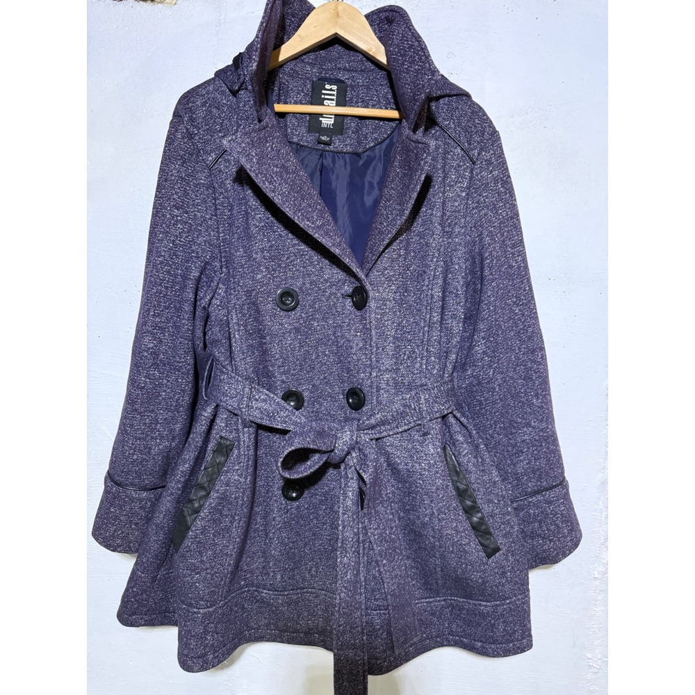 Details Intl Womens 1X Purple Marl Belted Double Breasted Hooded Peacoat Jacket